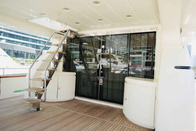 80ft Azimut yacht enterance gate with the stairs to upper deck Dubai Marina rental