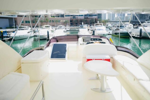 80ft Azimut yacht flybridge lounge with Ice Box Dubai Marina sunset cruise