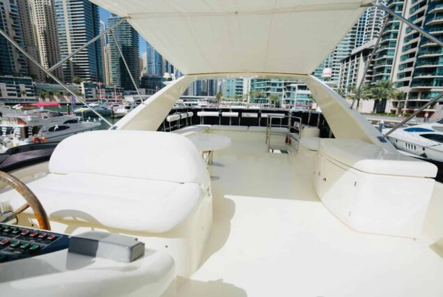 80ft Azimut yacht flybridge lounge Dubai Marina sunset cruise