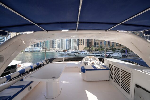 85ft Bu Mubarak with Jacuzzi flybridge lounge with Ice Box Dubai Marina sunset cruise