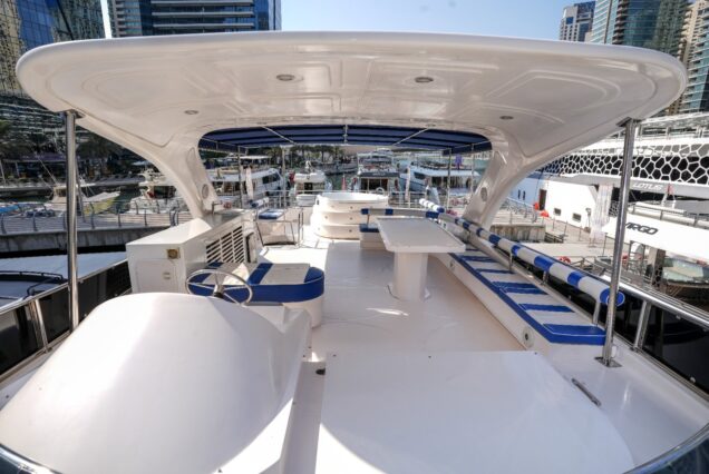 85ft Bu Mubarak with Jacuzzi flybridge lounge with table Dubai Marina sunset cruise