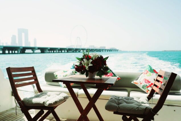 48ft Gulf Craft Yacht entrance gate with a table Dubai Marina rental