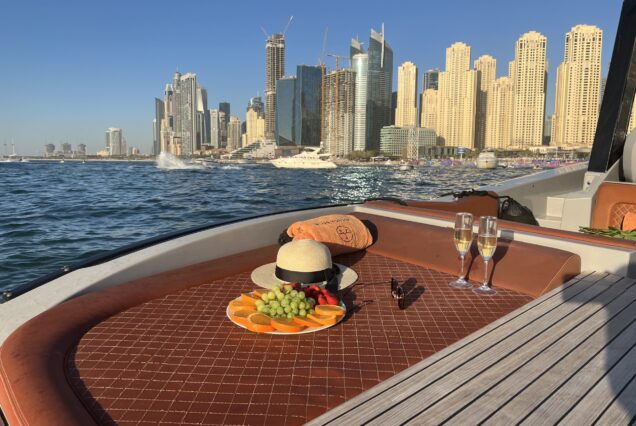 Luxurious 42ft Blue Yonder entrance gate with stairs to upper deck Dubai Marina rental