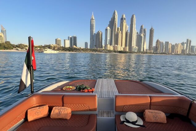 Luxurious 42ft Blue Yonder entrance gate with stairs to upper deck Dubai Marina rental