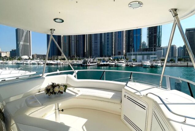 Luxury 63ft SEA RAY flybridge lounge Dubai Marina sunset cruise
