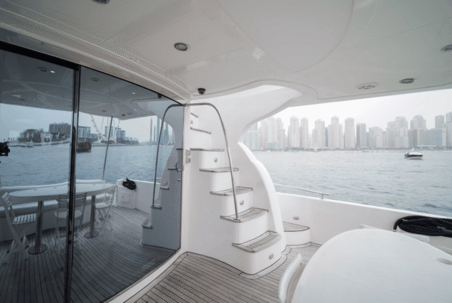 66ft Majesty Bella Vita entrance gate with stairs to upper deck Dubai Marina rental