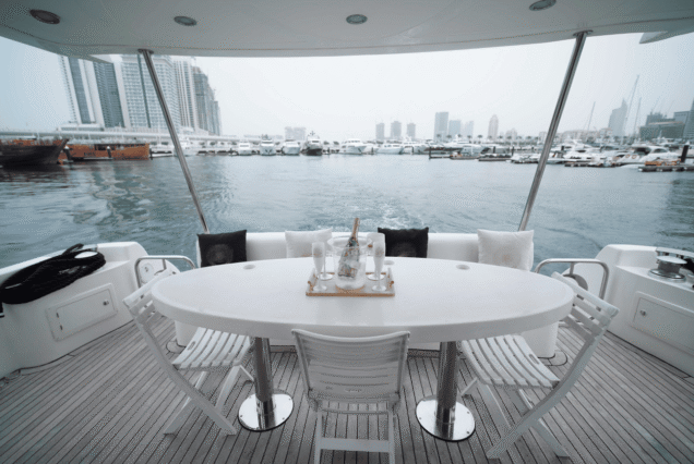 66ft Majesty Bella Vita entrance gate with stairs to upper deck Dubai Marina rental