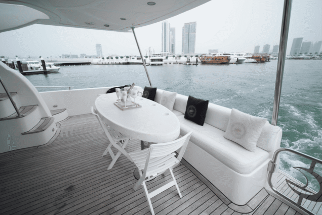 66ft Majesty Bella Vita entrance gate with stairs to upper deck Dubai Marina rental