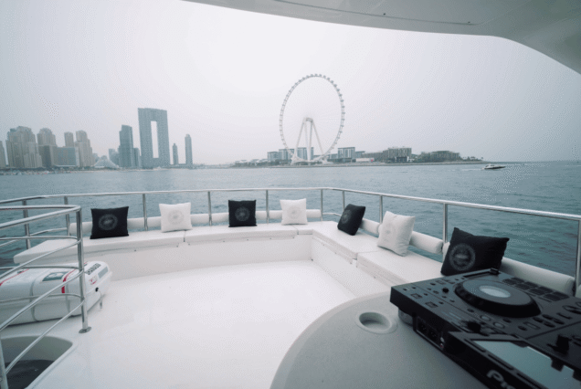 66ft Majesty Bella Vita upper deck lounge Dubai Marina sunset cruise