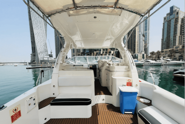 40ft Oryx Mini Yacht entrance with seating area Dubai Marina rental