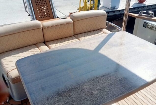 65ft Yacht with table at the entrance Dubai Marina rental