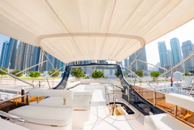 Hamdan 65ft Yacht flybridge lounge Dubai Marina sunset cruise