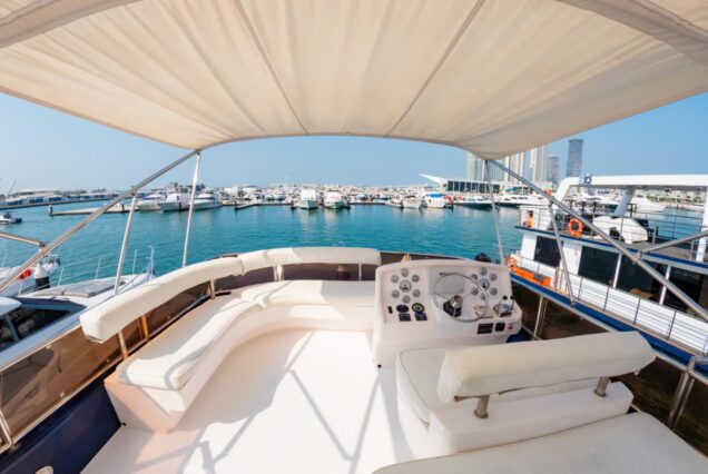 Hamdan 65ft Yacht flybridge lounge Dubai Marina sunset cruise