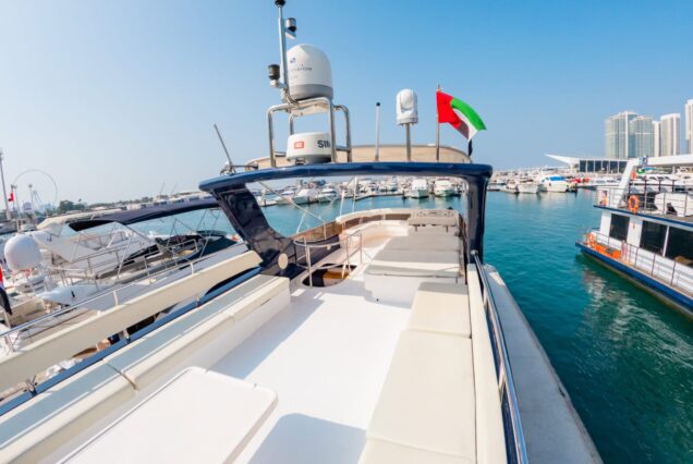 Hamdan 65ft Yacht flybridge lounge Dubai Marina sunset cruise