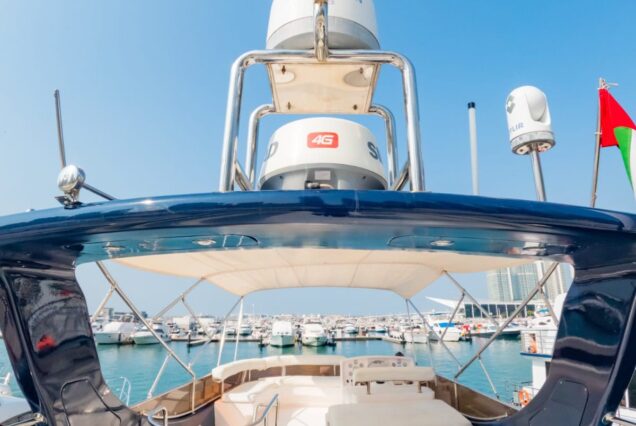 Hamdan 65ft Yacht flybridge lounge Dubai Marina sunset cruise