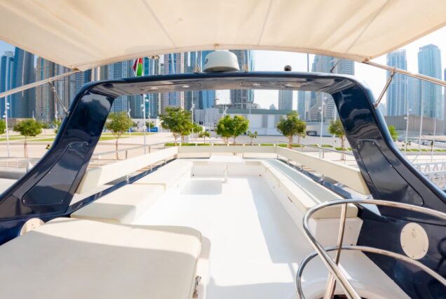 Hamdan 65ft Yacht flybridge lounge Dubai Marina sunset cruise