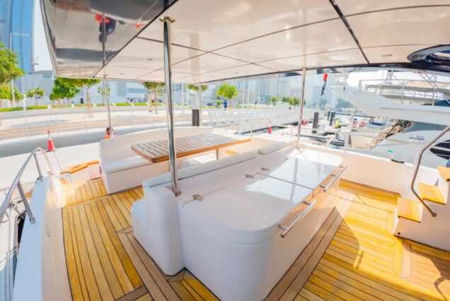 Hamdan 65ft Yacht swimming platform sea access with large table Dubai Marina