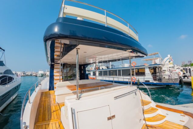 Hamdan 65ft Yacht swimming platform sea access with large table Dubai Marina