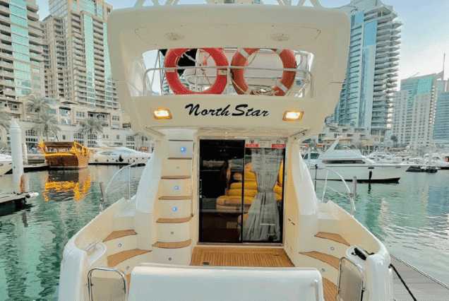 Azimut 42ft North Star Yacht entrance gate with stairs to upper deck Dubai Marina rental