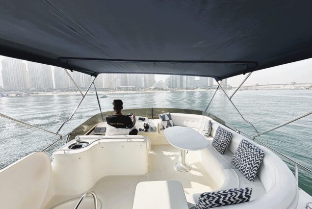 Rodman 44FT flybridge lounge Dubai Marina sunset cruise