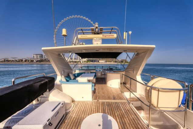 Luxury 77ft Diamond Dust Dubai expansive flybridge lounge perfect for entertaining and social gatherings