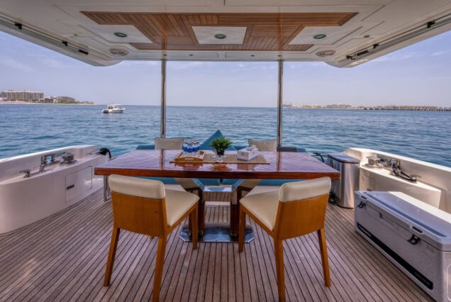 Blue Moon 64ft Yacht Dubai boarding area with convenient access to all deck spaces with perfect seating area