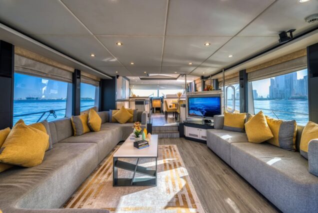 Luxury 77ft Diamond Dust Dubai sophisticated indoor salon with plush seating and modern décor