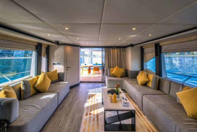 Luxury 77ft Diamond Dust Dubai sophisticated indoor salon with plush seating and modern décor