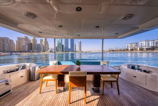 Luxury 77ft Diamond Dust Dubai grand boarding entrance with easy access to all deck spaces with large seating area
