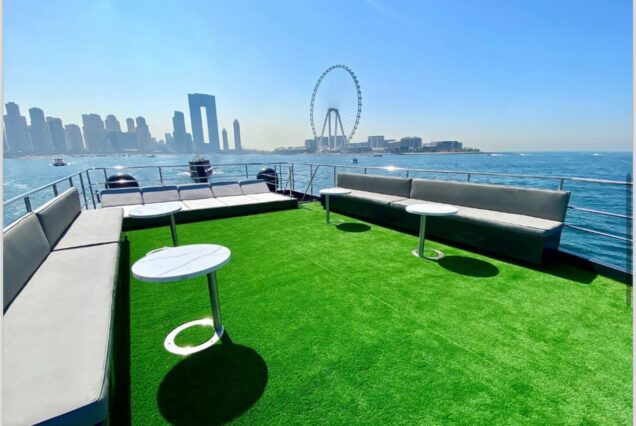 125ft Sweet Caroline Dubai panoramic party deck offering breathtaking Dubai Marina and skyline views