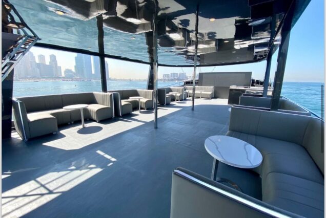 125ft Sweet Caroline Dubai panoramic party deck offering breathtaking Dubai Marina and skyline views