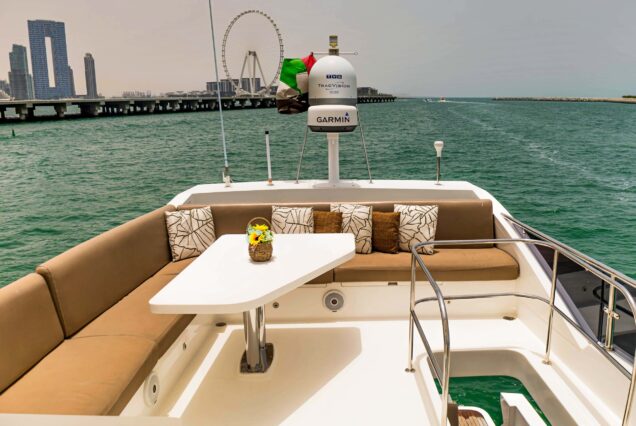 48ft White Pearl Yacht Dubai upper deck seating with table for dining and refreshments