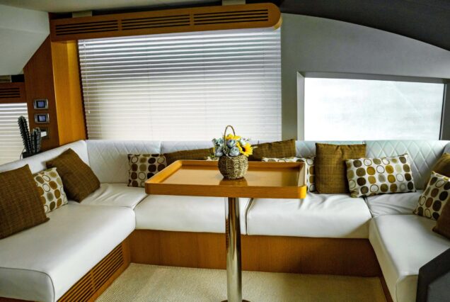 48ft White Pearl Yacht Dubai elegant indoor salon with comfortable seating and modern décor
