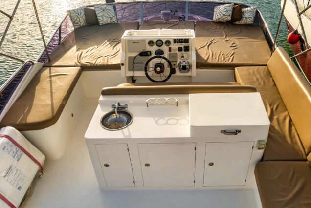 48ft White Pearl Yacht Dubai open flybridge lounge perfect for social gatherings and scenic cruising