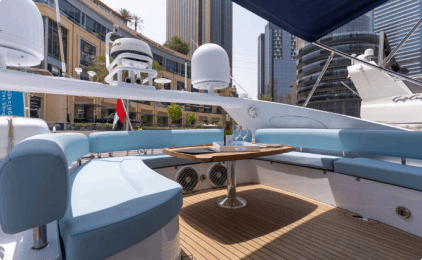 64ft Luxurious Sunseeker flybridge lounge with table Dubai Marina sunset cruise