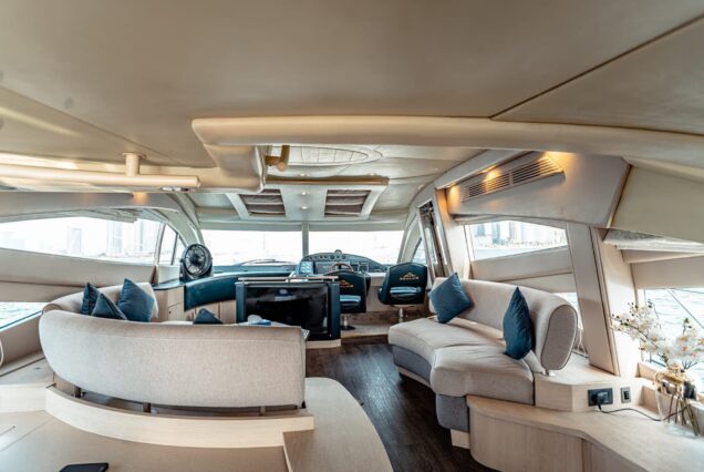 The 68ft Modern Yacht features a modern and comfortable indoor area for relaxing.