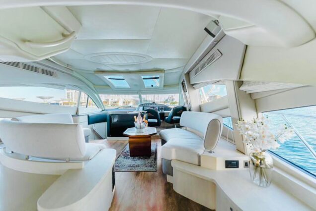 The 68ft Modern Yacht features a modern and comfortable indoor area for relaxing.