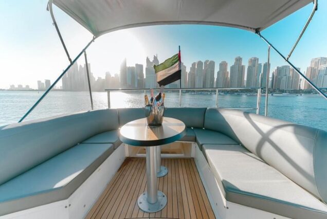 The 68ft Modern Yacht features a spacious flybridge, perfect for relaxing and enjoying panoramic views.
