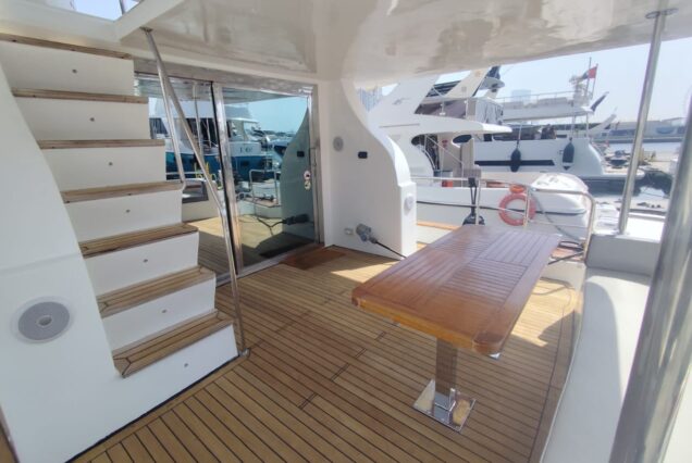 85ft Celebration Yacht Dubai grand boarding entrance with easy access to all deck spaces with large seating area