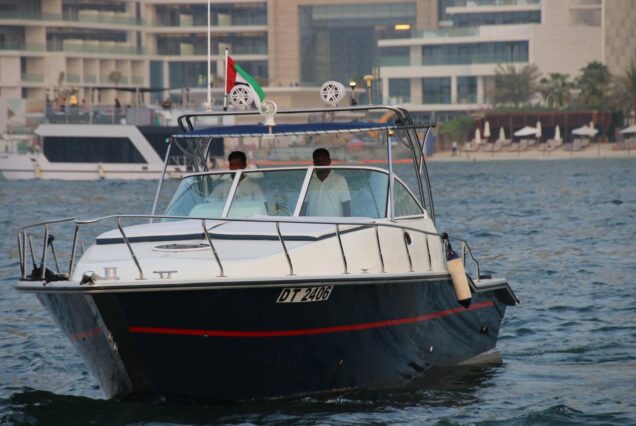 45ft Symphony Yacht Dubai bow seating area with views of Dubai Marina