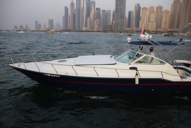 45ft Symphony Yacht Dubai bow seating area with views of Dubai Marina
