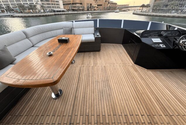 The 100ft Black Omega features a spacious flybridge, ideal for relaxing and enjoying panoramic views.