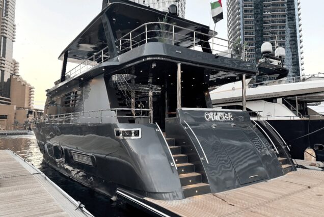 The 100ft Black Omega showcases an impressive and luxurious design, offering an elegant setting for an unforgettable charter.
