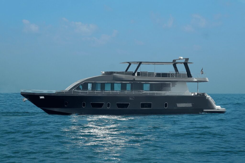 The 100ft Black Omega showcases an impressive and luxurious design, offering an elegant setting for an unforgettable charter.