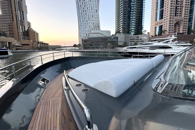 The 100ft Black Omega features a spacious bow area, perfect for relaxing and enjoying the views while cruising.