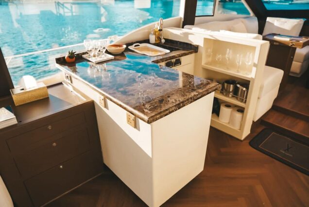 82ft Duretti with Jacuzzi (Refitted 2025) salon and kitchen interior Dubai charter