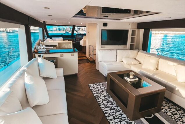 82ft Duretti with Jacuzzi (Refitted 2025) salon lounge with table Dubai Marina rental
