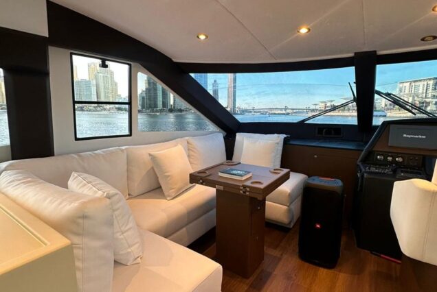 82ft Duretti with Jacuzzi (Refitted 2025) salon lounge with table Dubai Marina rental