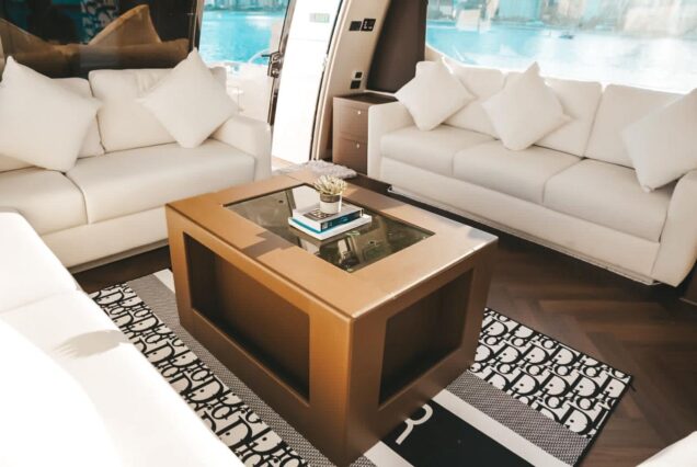 82ft Duretti with Jacuzzi (Refitted 2025) interior dining area Dubai private cruise