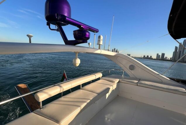 82ft Duretti with Jacuzzi (Refitted 2025) flybridge lounge with table Dubai Marina sunset cruise